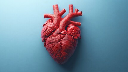 Minimalistic clean background showcasing a 3D human heart anatomy against a blue backdrop Highlight features of cardiac artery disease arrhythmia and heart attack with a red gradient effect