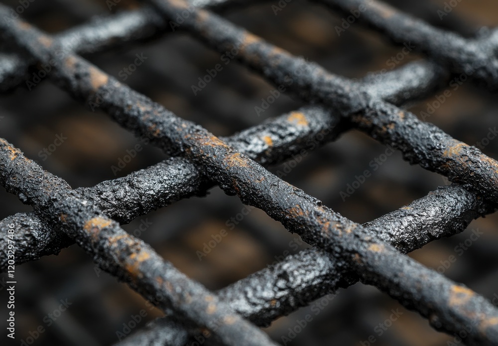 Poster close-up view of rusty metal grate with intricate grid pattern highlighting the textures and details
