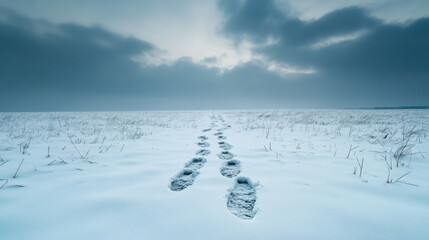 Obraz premium Tranquil Winter Landscape with Snow Covered Ground and Footprints Leading into the Horizon Under a Dramatic Cloudy Sky at Dusk