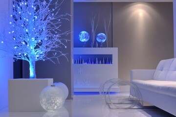 A modern Christmas study with icy blue lighting, frosted decor, and a sleek white tree