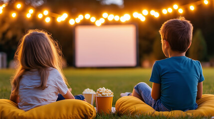 Brother and sister watching movie on inflatable screen in backyard, eating popcorn, during a summer evening