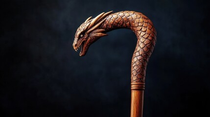 Fototapeta premium A carved wooden cane with a dragon head handle on a dramatic black background