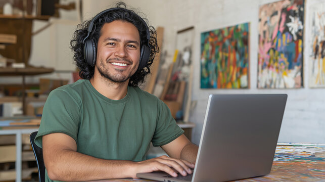 Young Latino student smiling and wearing headphones while working on a laptop in an art studio, enjoying his productive learning or creative process