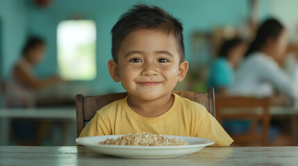 Happy Latino child sitting on a wooden chair, enjoying rice in a rundown community kitchen, highlighting childhood and healthy eating