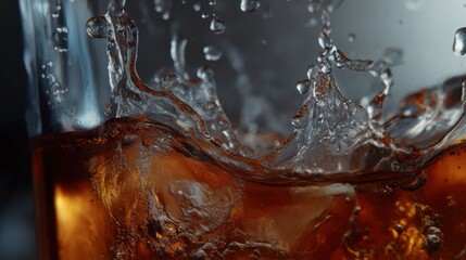 Close-up of sparkling beverage splashing in a glass, highlighting dynamic liquid motion