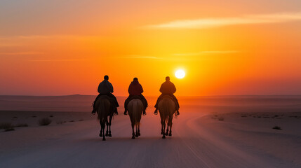 Three tourists riding horses across the desert at sunset, soaking in the breathtaking views of the vibrant orange sky and tranquil landscape