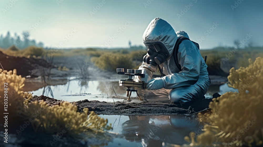 Poster a scientist in a hazmat suit carefully collecting samples in a controlled laboratory setting as part
