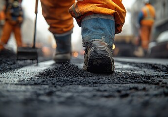 Construction worker wearing orange pants walks on freshly laid asphalt in city street while other workers complete road maintenance tasks in the background.