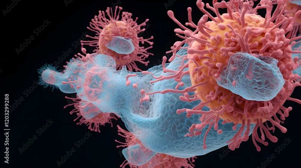Poster captivating high tech animation of the hmpv virus lifecycle in the respiratory system