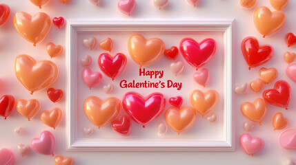 Celebrate Happy Galentine's Day: Pink and Red Hearts with Balloons on a Beautiful White Background