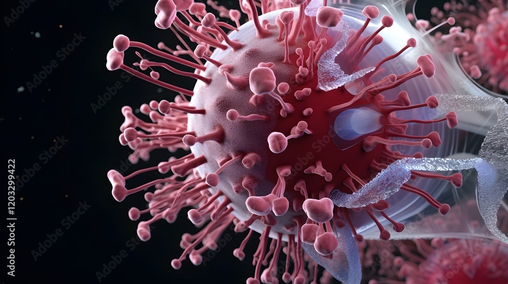 Poster detailed high tech animation of the complete lifecycle of the hmpv virus occurring within the human 