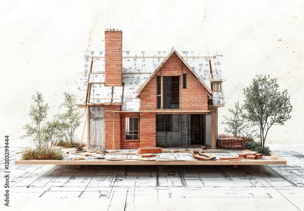 Poster detailed architectural model of a house with unique brick design and surrounding landscape elements 
