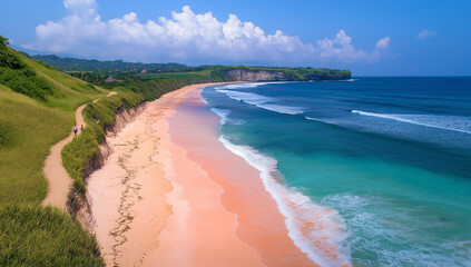 A beautiful sandy beach with turquoise water and blue sky, white clouds in the background, and waves gently crashing onto the shore.
