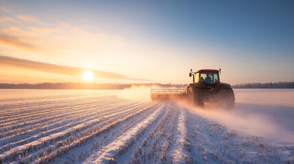 Fototapeta premium Winter sunrise revealing agricultural machinery spreading fertilizer across snow-covered farmland, generating frosty atmospheric mist