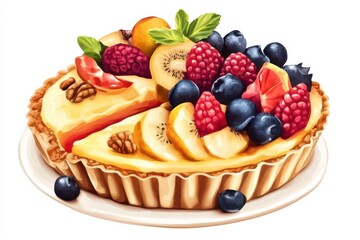 A detailed illustration of a clean eating dessert, featuring fresh fruits, nuts