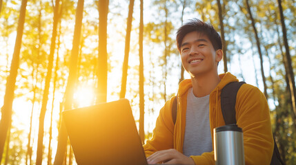 Happy young student working remotely with laptop and enjoying beautiful sunset in bamboo forest