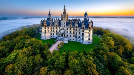 A majestic castle surrounded by lush greenery, set against a misty backdrop during sunrise, showcasing intricate architecture and serene natural beauty.