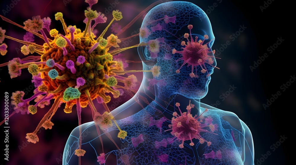 Poster graphical representation of the hmpv virus and its disruptive impact on normal respiratory function