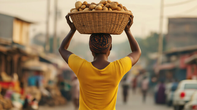 African street vendor carrying a basket of potatoes on her head in a crowded african market