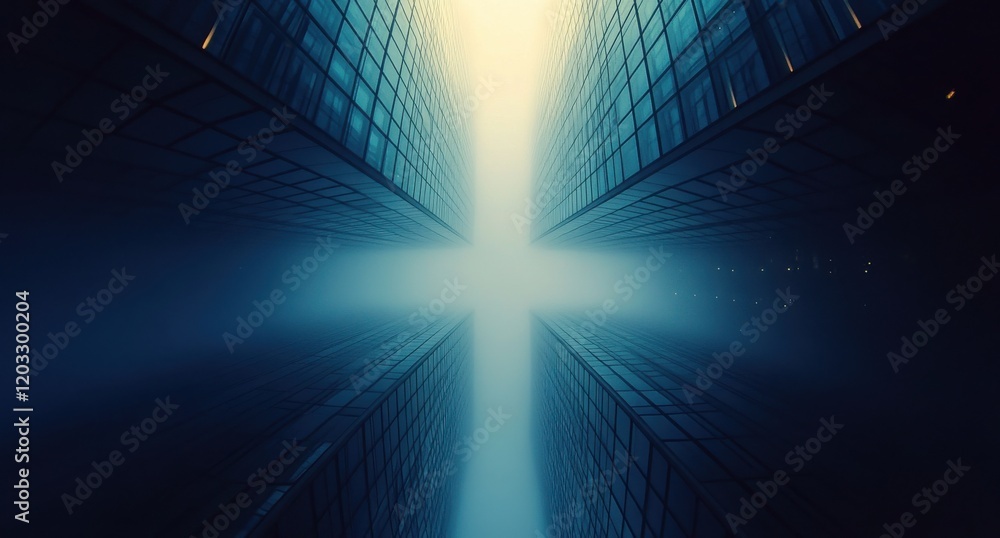 Poster ethereal light creating a cross shape between two tall glass buildings in a serene atmosphere with m