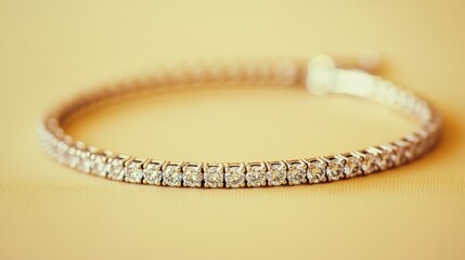 A diamond bracelet with delicate chain links placed on a pastel yellow background