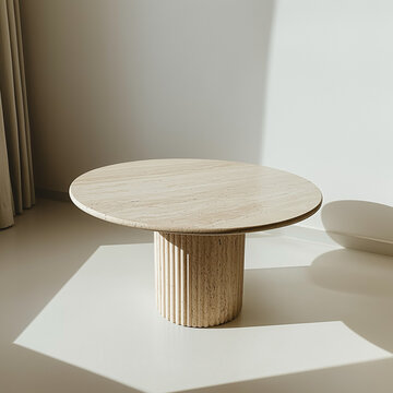 Table basse de salon ou de salle &agrave; manger en pierre travertin, plateau arrondi : photographie marketing d'un meuble de designer