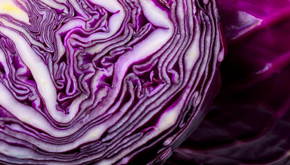 A freshly cut red cabbage showcasing its intricate texture and vibrant colors, revealing organic patterns that resemble abstract art and highlighting the striking beauty of fresh vegetables in nature