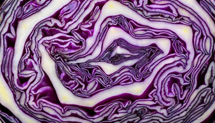 Obraz premium A freshly cut red cabbage showcasing its intricate texture and vibrant colors, revealing organic patterns that resemble abstract art and highlighting the striking beauty of fresh vegetables in nature