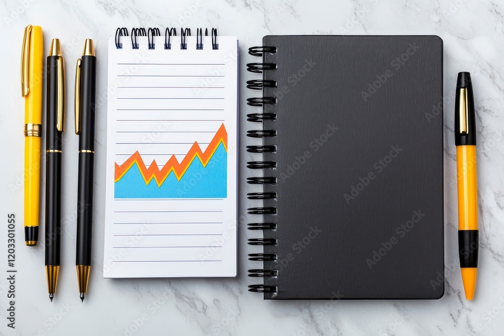 Poster a modern workspace featuring notebooks and pens with a colorful graph, symbolizing analysis and prod