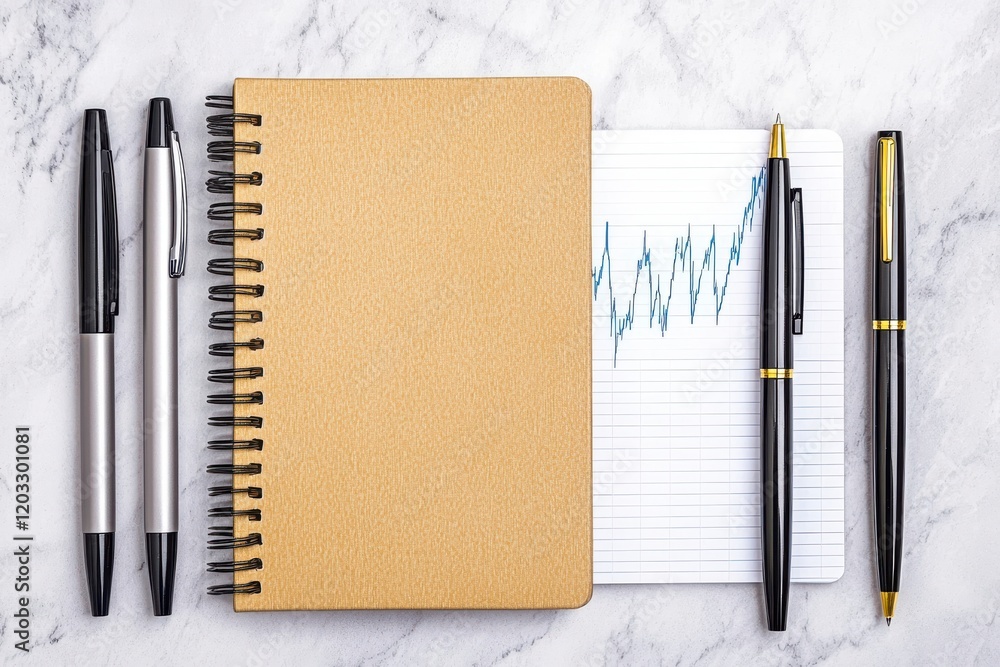 Poster a minimalist workspace featuring a notebook, pens, and a chart on a notepad, ideal for note-taking a