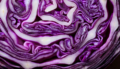 Obraz premium A freshly cut red cabbage showcasing its intricate texture and vibrant colors, revealing organic patterns that resemble abstract art and highlighting the striking beauty of fresh vegetables in nature