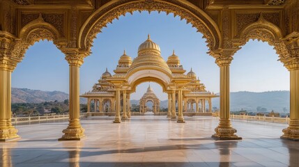 Fototapeta premium A golden ceremonial archway set against a clear blue sky in a temple courtyard