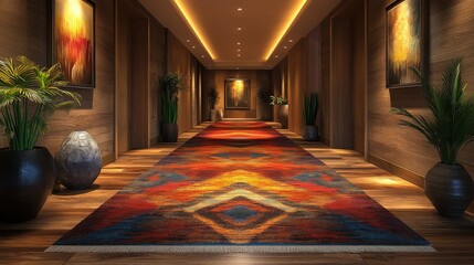 Long hallway, vibrant rug, wooden walls, artwork.