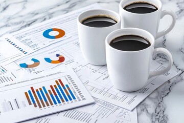 Three white coffee cups filled with black coffee sit atop business documents and colorful charts on a marble surface.