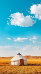 a traditional nomadic yurt in mongolia set against an open landscape