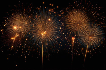 Obraz premium golden silver fireworks exploding in sky on black background with sparks