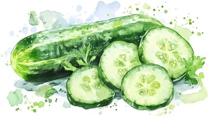 Watercolor Illustration of Cucumber