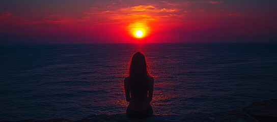 Fototapeta premium Woman watching sunset ocean