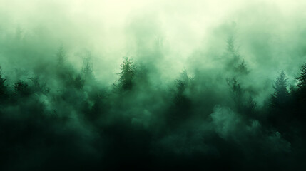 Obraz premium dark moody forest illustration with varying shades of green and heavy fog, highlighted in a gallery of background images 