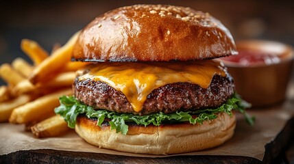 Mouthwatering juicy beef tenderloin burger topped with melted cheese and fresh lettuce nestled in a fluffy brioche bun served with a side of crispy golden French fries on a rustic table