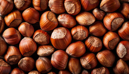 Obraz premium Macro photograph showcasing an array of hazelnuts, emphasizing their detailed textures, warm brown tones, and natural aesthetic. Perfect for culinary, nutritional, or organic themes