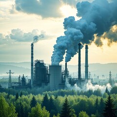 Industrial plant emitting smoke and polluting the environment behind green forest 