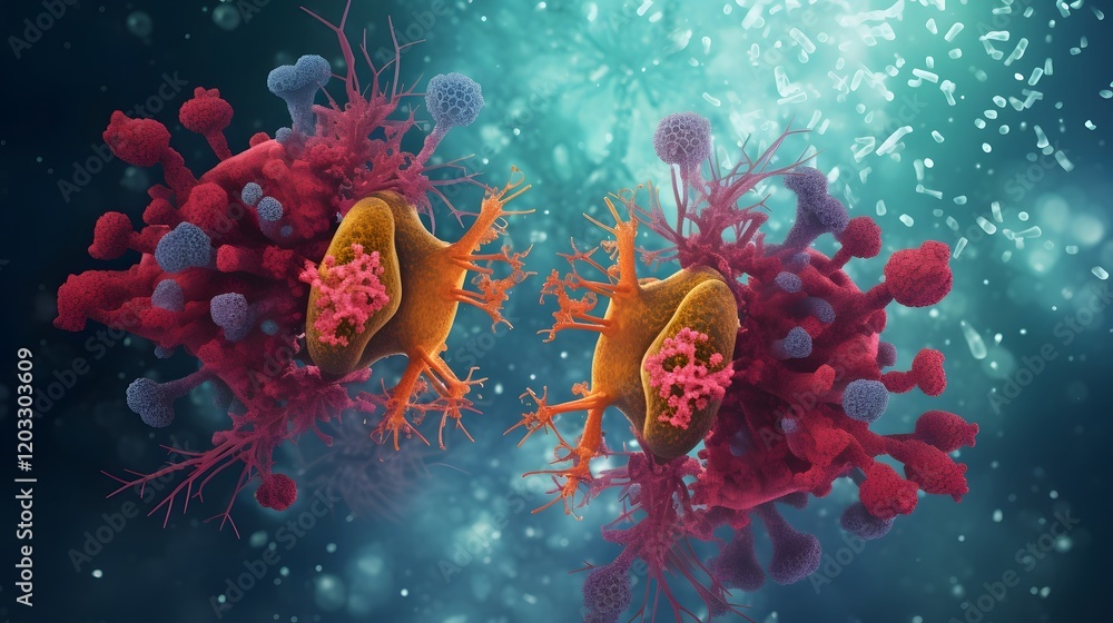 Poster detailed microscopic depicting the hmpv virus obstructing and blocking the oxygen pathways within th