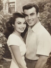 Vintage black and white photo of a smiling couple in an outdoor setting.