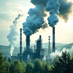 Industrial plant emitting smoke and polluting the environment behind green forest 