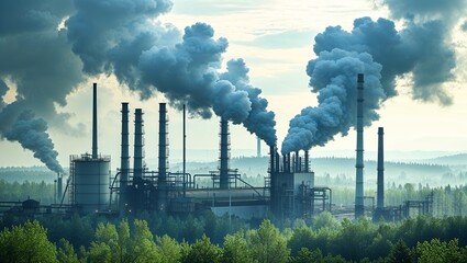 Industrial plant emitting smoke and polluting the environment behind green forest 
