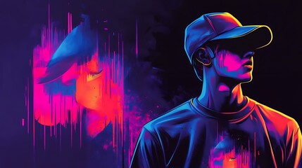 Neon Glitch Art Man in Hat Digital Artwork Print