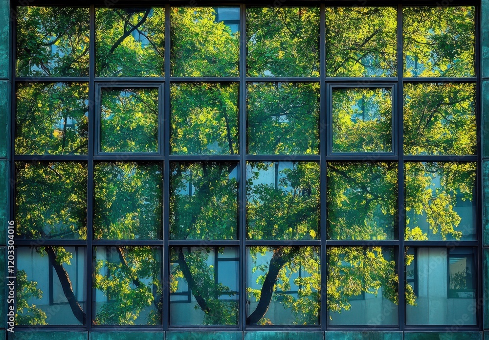 Poster reflective serenity: a stunning display of nature's greenery mirrored in modern architecture through