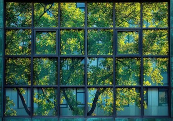 Reflective Serenity: A Stunning Display of Nature's Greenery Mirrored in Modern Architecture Through a Stylish Windowpane