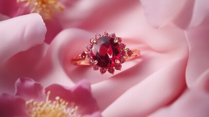 A ruby ring with a floral motif on a soft pink fabric background, surrounded by petals